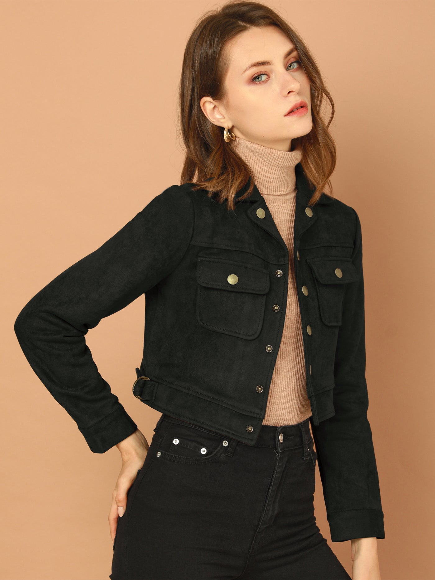 Allegra K Faux Suede Jacket Button Down Collar Pockets Crop Moto Biker Coat