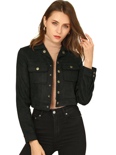 Faux Suede Jacket Button Down Collar Pockets Crop Moto Biker Coat