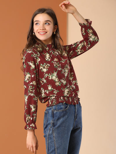 Ruffled Floral Printed Vintage Collared Smocked Waist Blouse