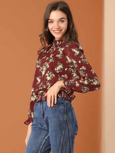 Ruffled Floral Printed Vintage Collared Smocked Waist Blouse