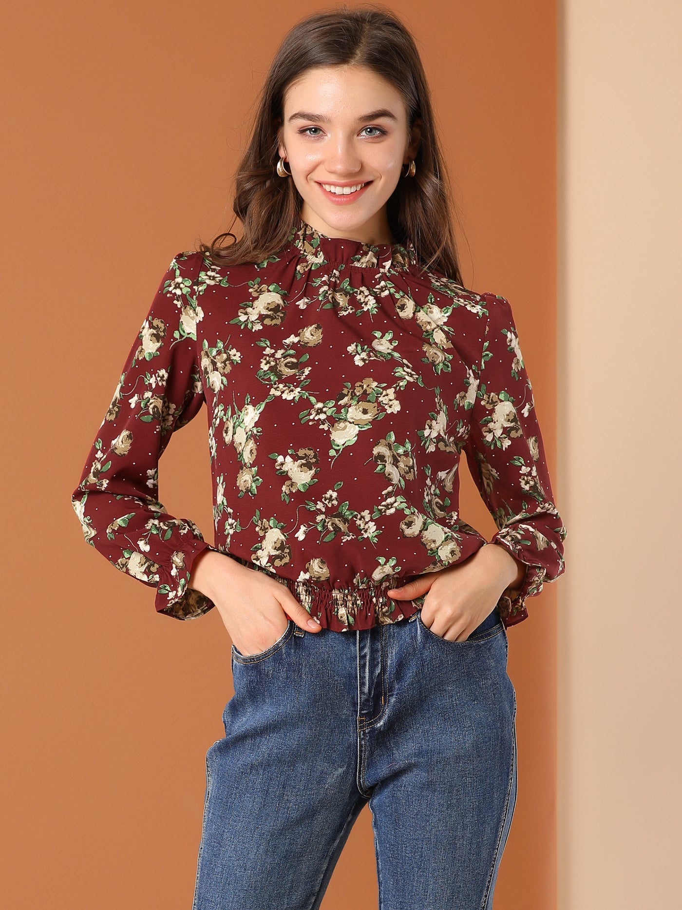 Allegra K Ruffled Floral Printed Vintage Collared Smocked Waist Blouse