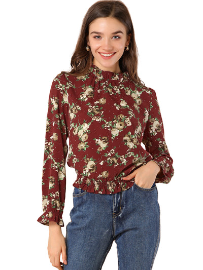 Ruffled Floral Printed Vintage Collared Smocked Waist Blouse