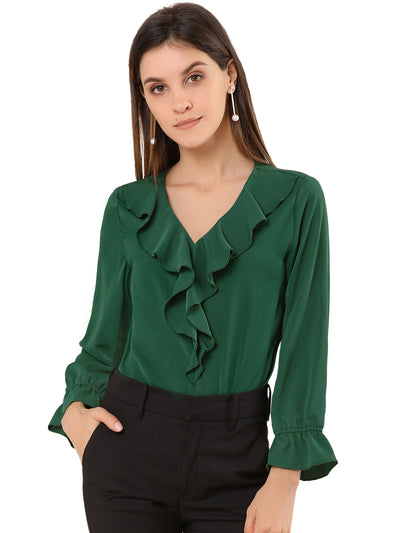 Polyester H Line Ruffle Neck Gathered Cuff Blouse