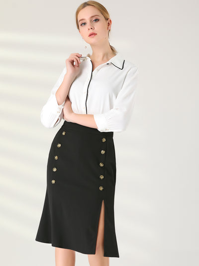 Work Button Decor Elastic Waist Split Office Business Skirt