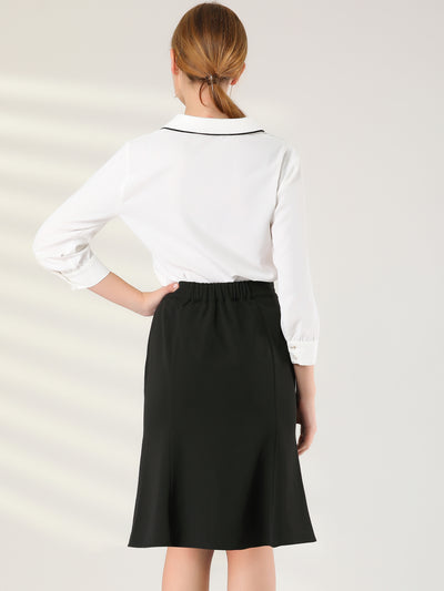 Work Button Decor Elastic Waist Split Office Business Skirt