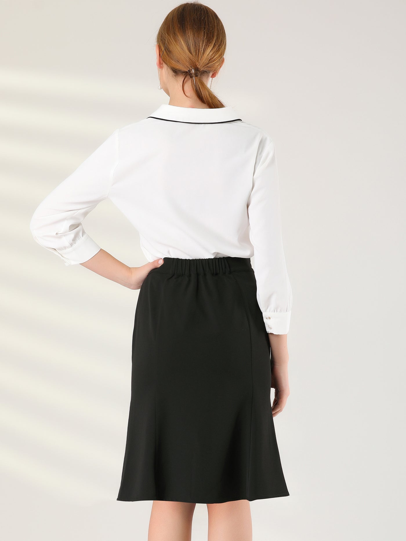 Allegra K Work Button Decor Elastic Waist Split Office Business Skirt