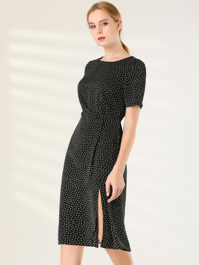 Polka Dots Short Sleeve Slit Front Casual Office Midi Dress