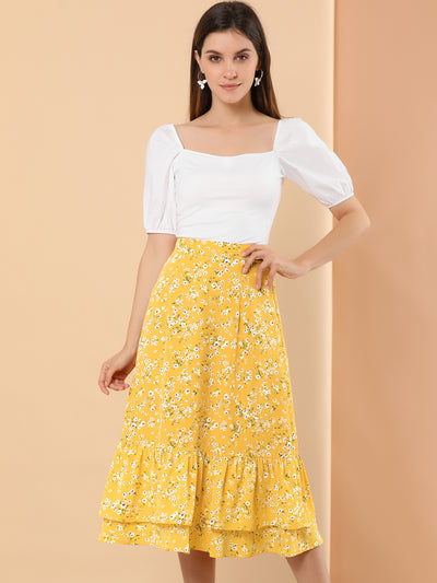 Printed Chiffon Elastic Waist Ruffle Tiered Flowy Midi Skirt