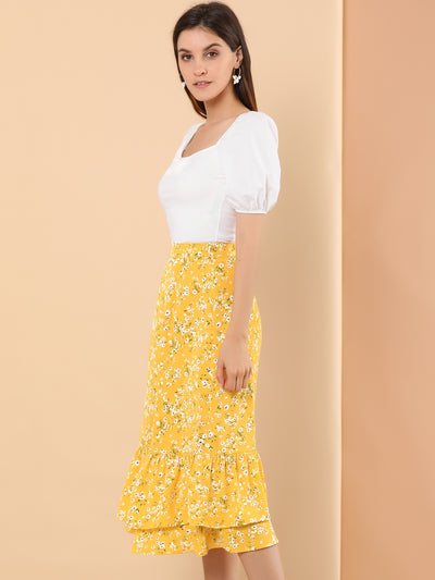 Printed Chiffon Elastic Waist Ruffle Tiered Flowy Midi Skirt