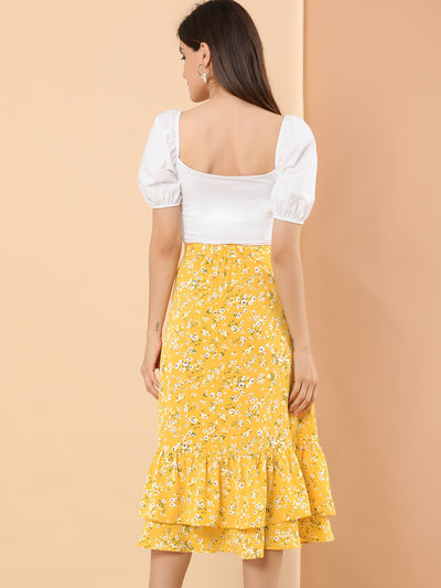 Printed Chiffon Elastic Waist Ruffle Tiered Flowy Midi Skirt