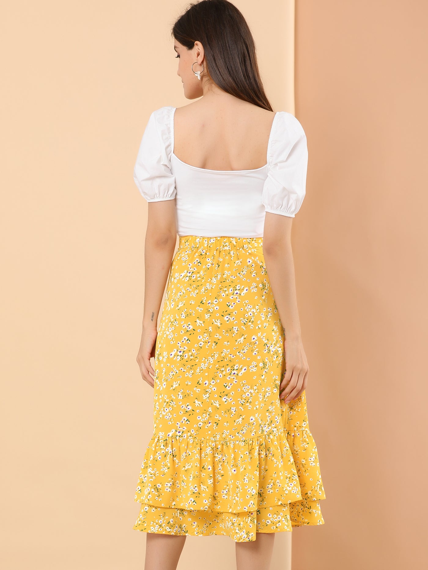 Allegra K Printed Chiffon Elastic Waist Ruffle Tiered Flowy Midi Skirt