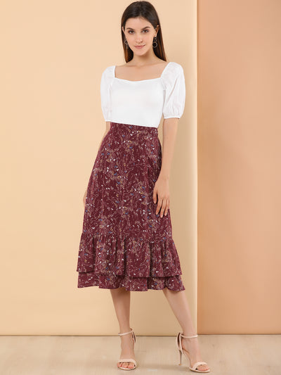 Printed Chiffon Elastic Waist Ruffle Tiered Flowy Midi Skirt