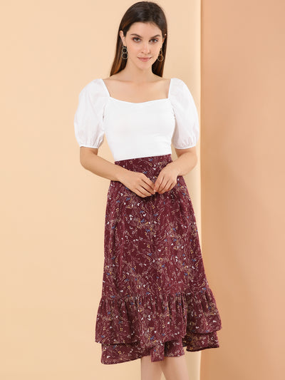 Printed Chiffon Elastic Waist Ruffle Tiered Flowy Midi Skirt