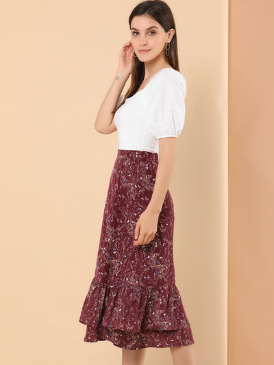 Printed Chiffon Elastic Waist Ruffle Tiered Flowy Midi Skirt