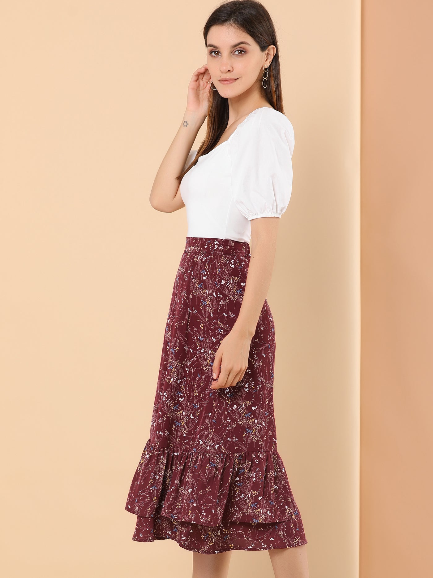 Allegra K Printed Chiffon Elastic Waist Ruffle Tiered Flowy Midi Skirt