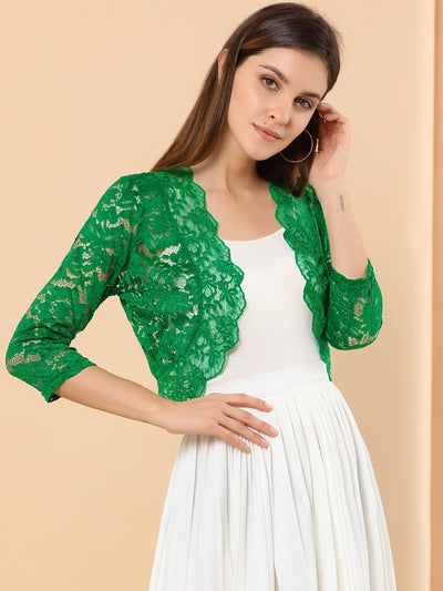 Lace 3/4 Sleeves Sheer Floral Cropped Bolero Shrug