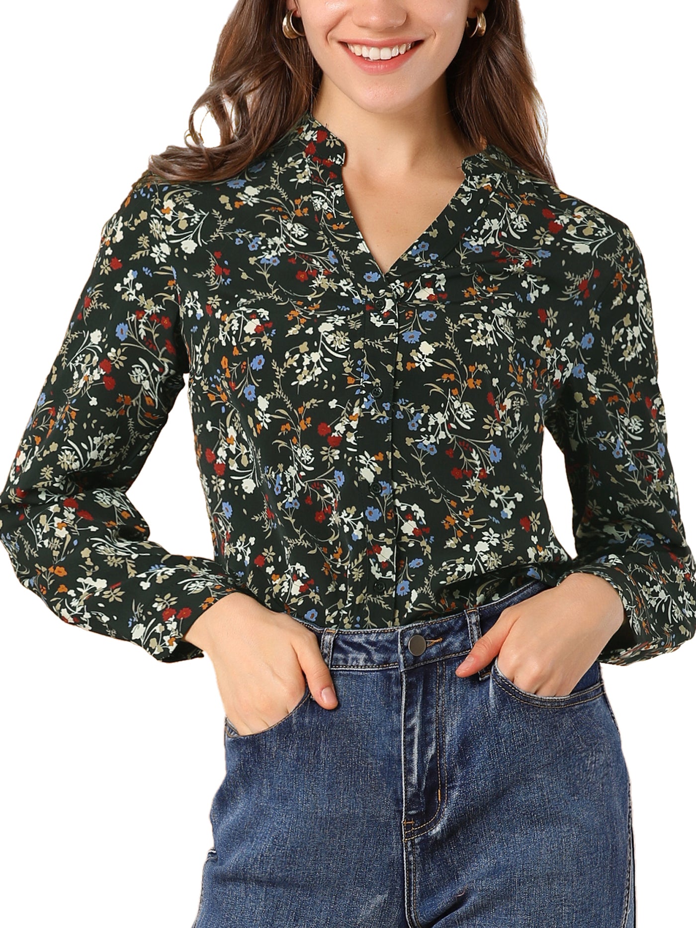 Allegra K Chiffon Floral Tops V Neck Long Sleeve Button-Up Blouse Shirt