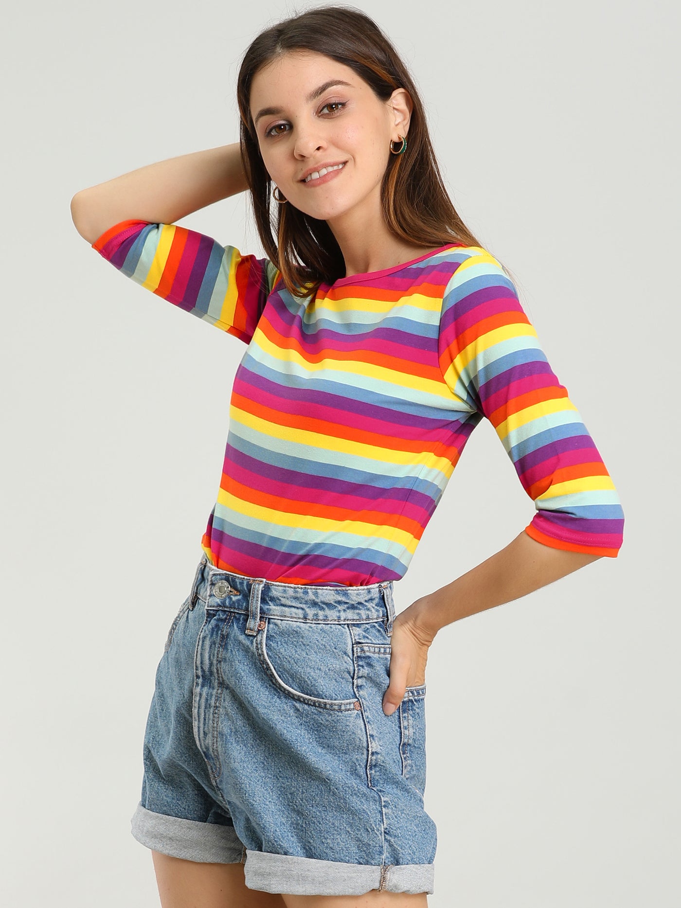 Allegra K Elbow Sleeve Round Neck Casual Striped T-Shirt