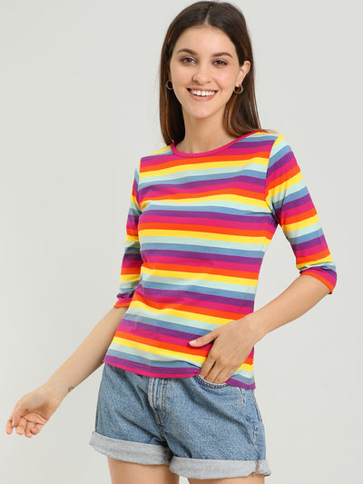 Elbow Sleeve Round Neck Casual Striped T-Shirt