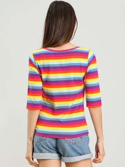 Elbow Sleeve Round Neck Casual Striped T-Shirt