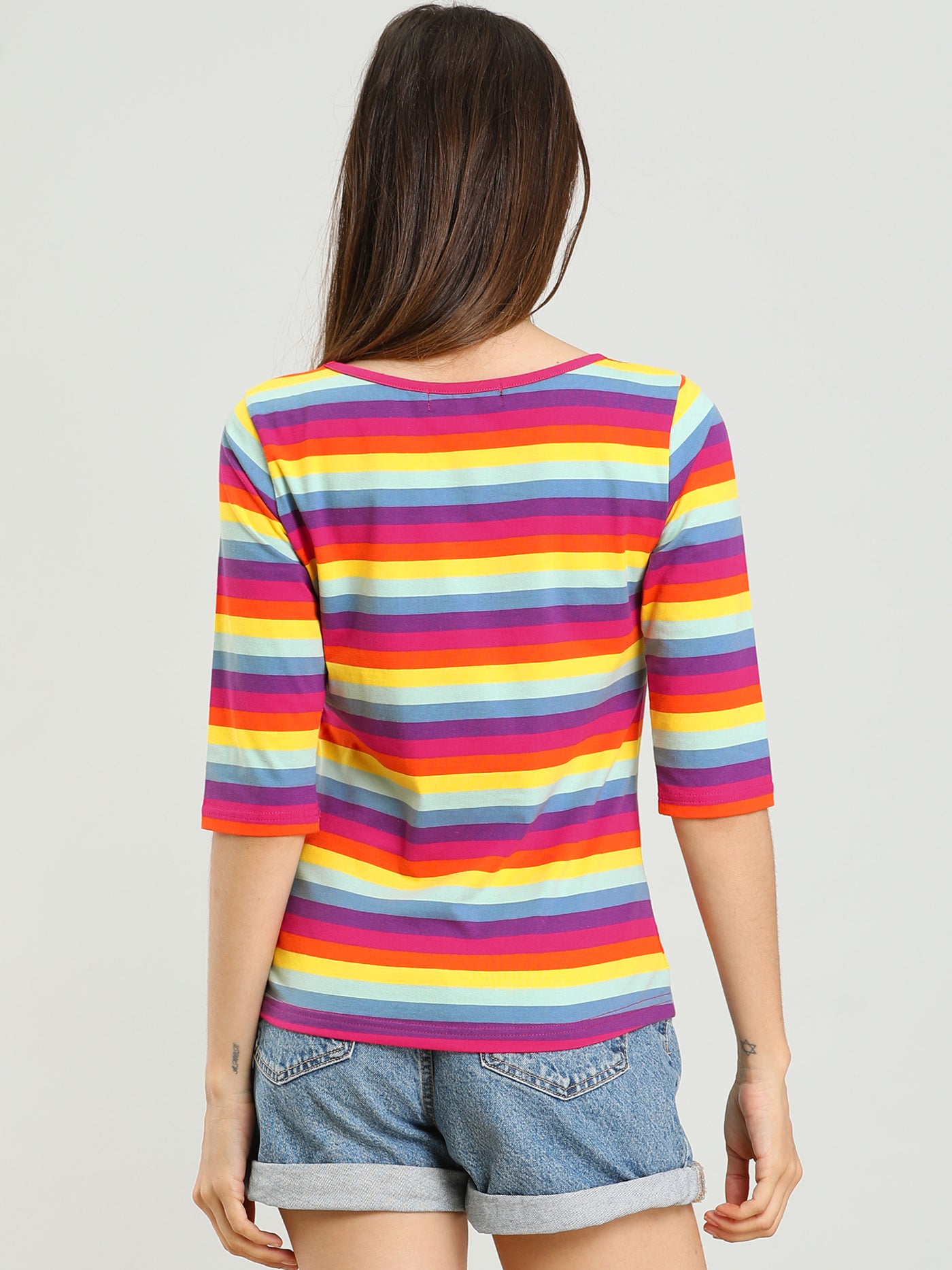 Allegra K Elbow Sleeve Round Neck Casual Striped T-Shirt