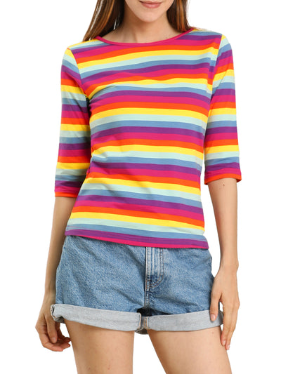 Elbow Sleeve Round Neck Casual Striped T-Shirt