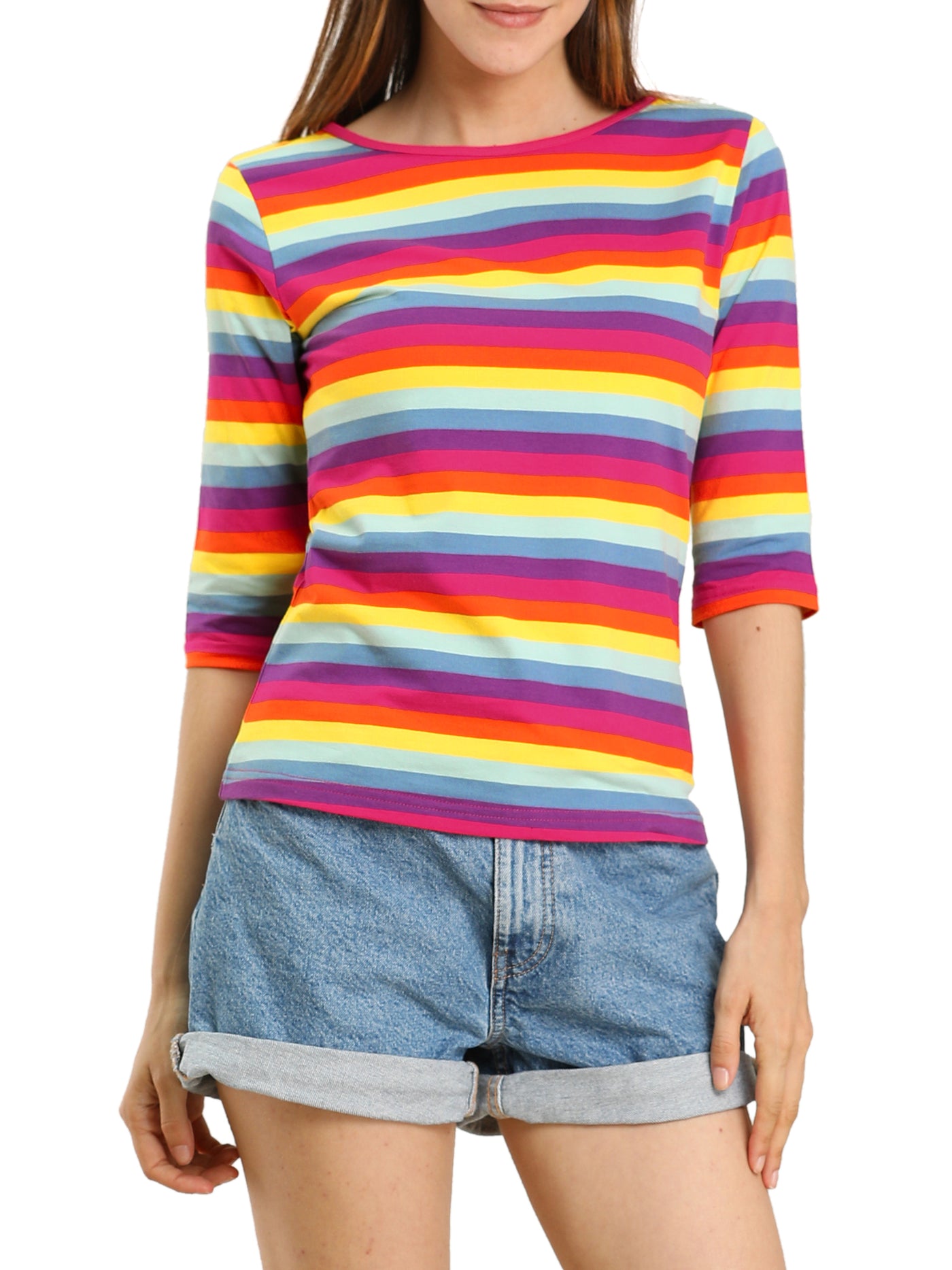 Allegra K Elbow Sleeve Round Neck Casual Striped T-Shirt