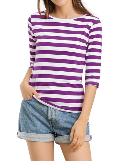 Elbow Sleeve Round Neck Casual Striped T-Shirt