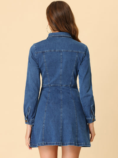 Button Down Collar V Neck Long Sleeve A-line Jean Denim Dress