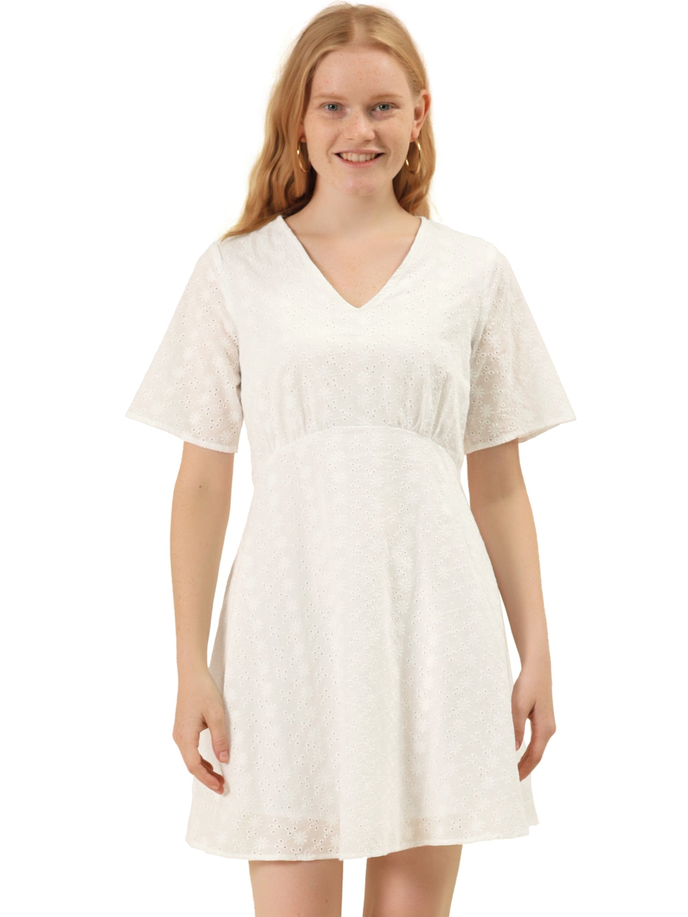 Allegra K 100% Cotton V Neck Summer A-line Mini Embroidery Dress