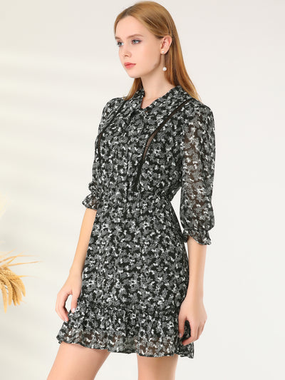 Puff Sleeve Front Ruffled Hem Casual Chiffon Floral Office Dress