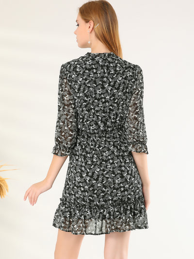 Puff Sleeve Front Ruffled Hem Casual Chiffon Floral Office Dress