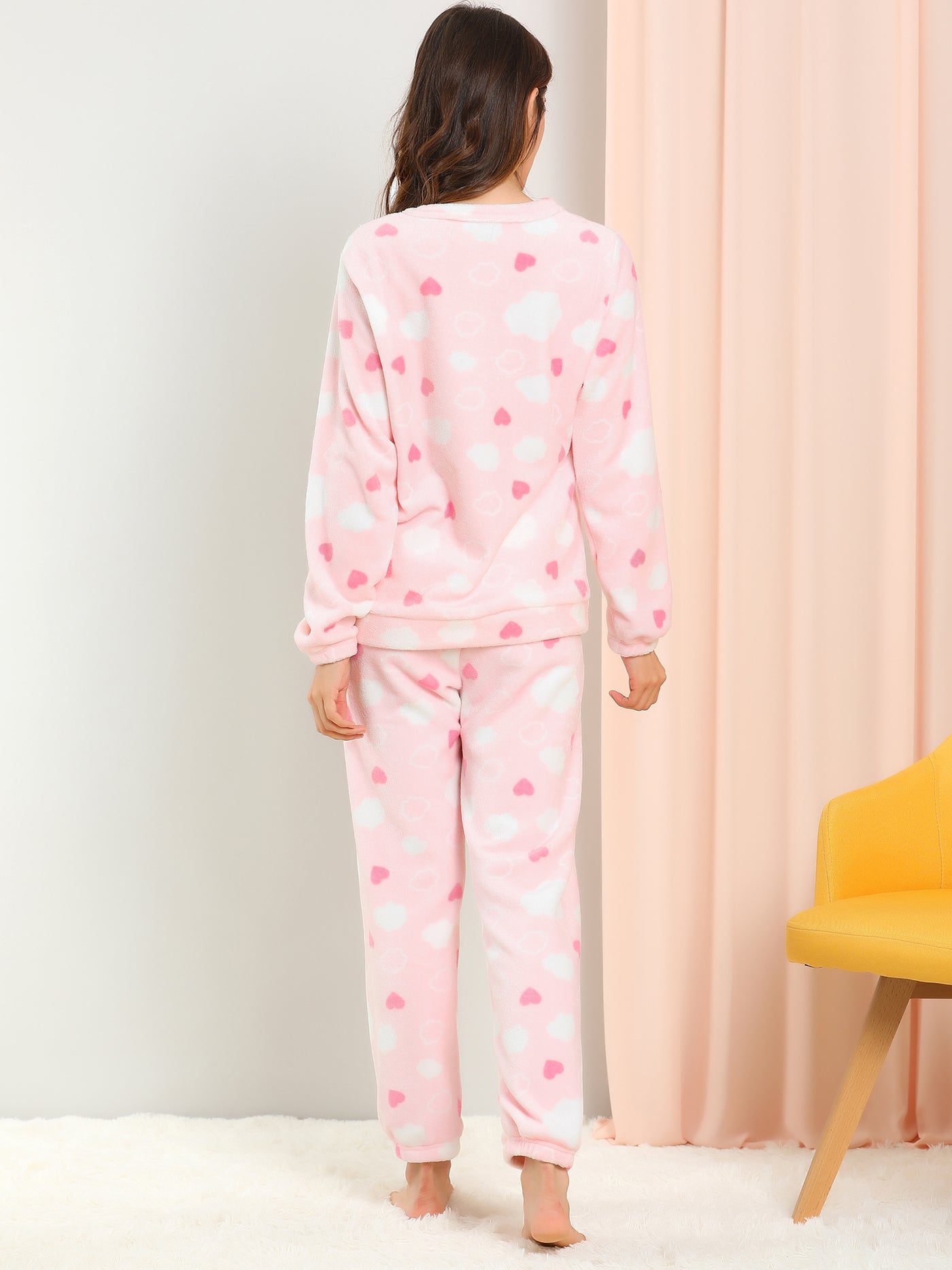 Allegra K Cute Printed Long Sleeve Nightwear Flannel Pajama Sets Sleepwears