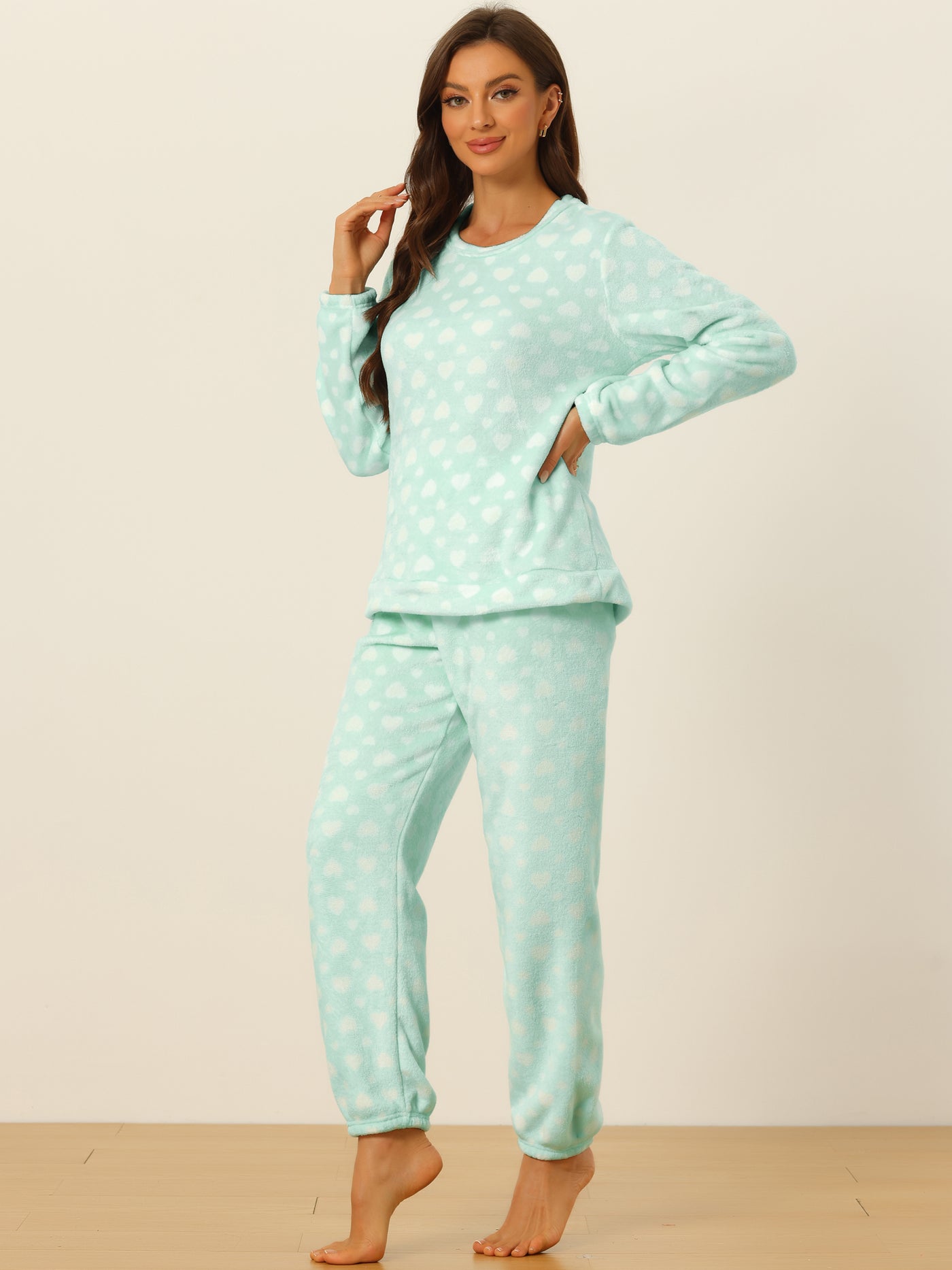 Allegra K Cute Printed Long Sleeve Nightwear Flannel Pajama Sets Sleepwears