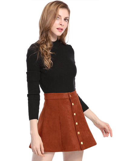 Faux Suede Button Closure A-Line High Waisted Short Skirt