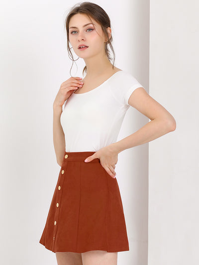 Faux Suede Button Closure A-Line High Waisted Short Skirt