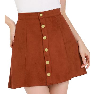 Faux Suede Button Closure A-Line High Waisted Short Skirt