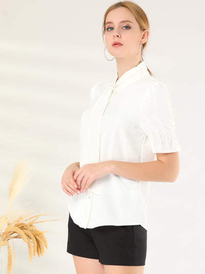 Tie Neck Work Top Puff Sleeve Blouse Eleagnt Button Down Shirt