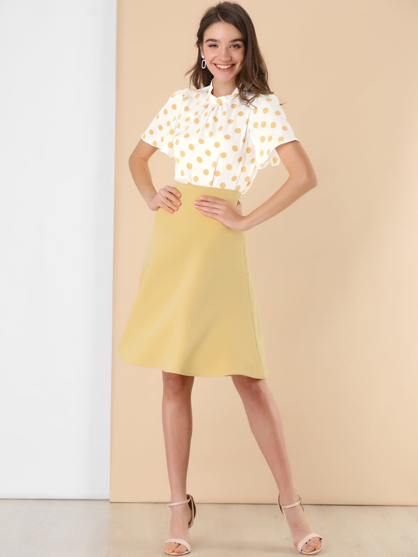 Allegra K Polka Dots Stand Collar Pleat Keyhole Short Flare Sleeve Blouse