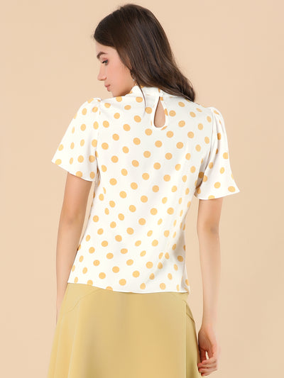 Polka Dots Stand Collar Pleat Keyhole Short Flare Sleeve Blouse