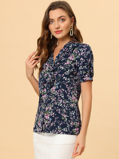 Summer Short Sleeve V Neck Ruffle Floral Button Down Shirt Top