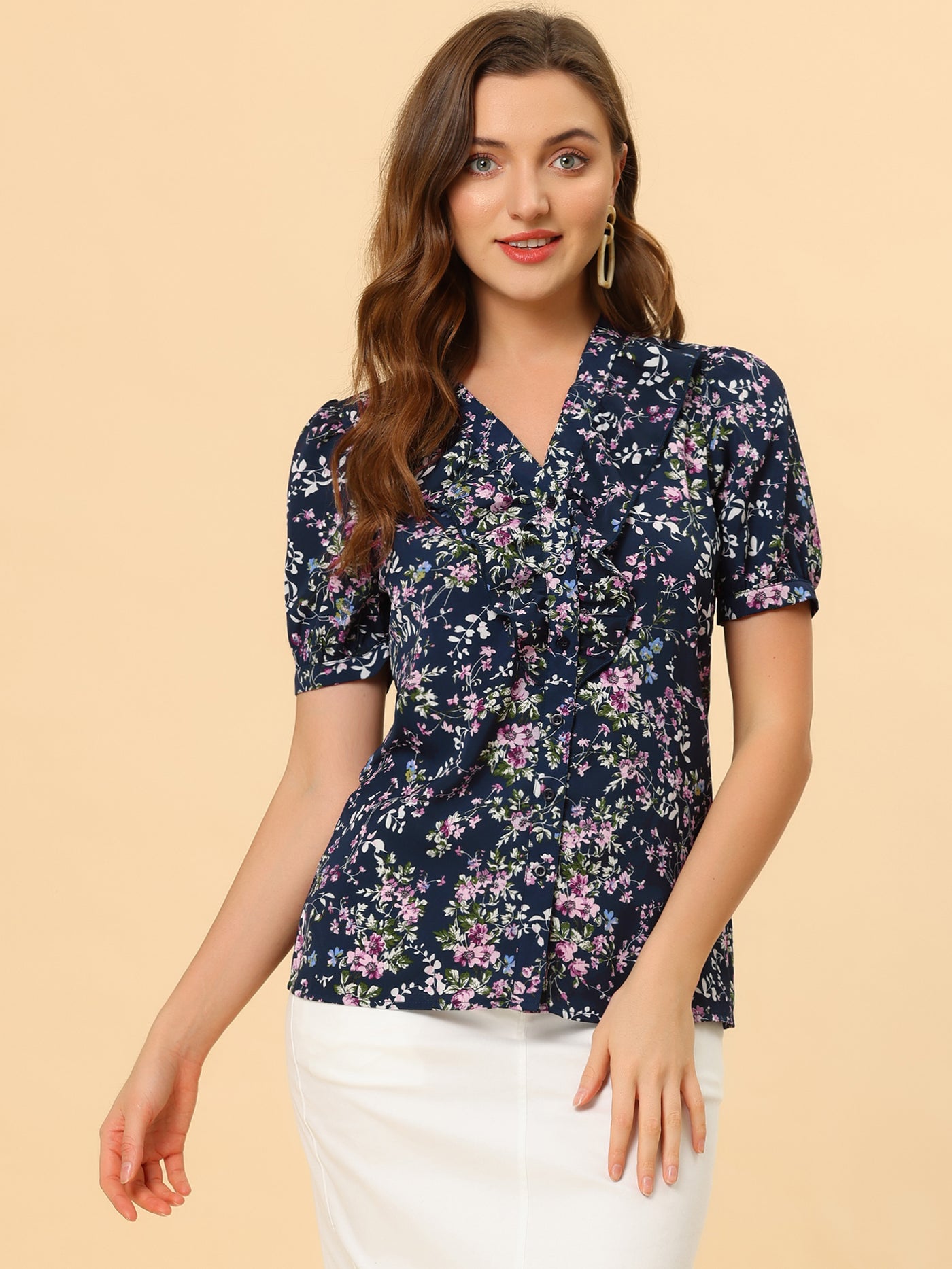 Allegra K Summer Short Sleeve V Neck Ruffle Floral Button Down Shirt Top