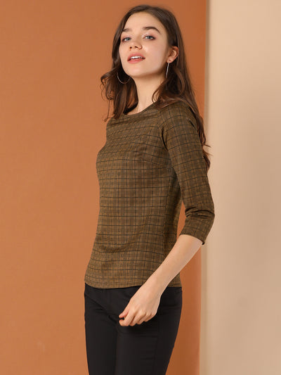 Work Office 3/4 Sleeve Boat Neck Houndstooth Printed Top Blouse