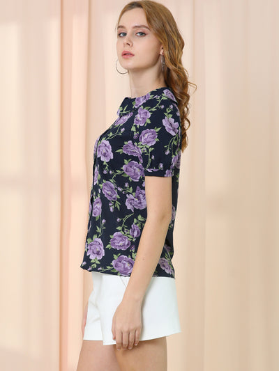 Floral Peter Pan Collar Button Short Sleeve Elegant Top Shirt