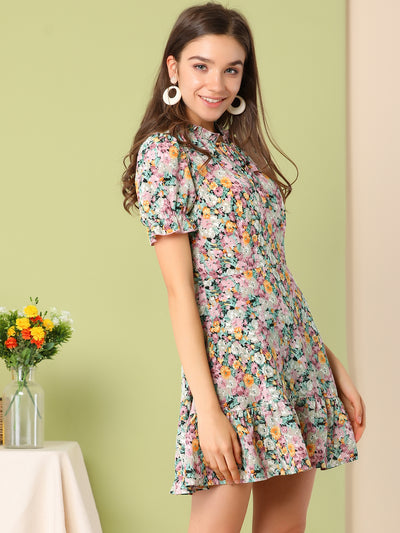 Summer Chiffon Tie Neck Puff Short Sleeve Floral Ruffle Smock Dress