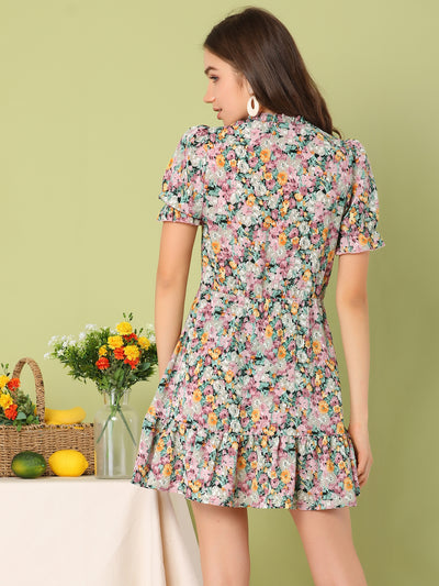 Summer Chiffon Tie Neck Puff Short Sleeve Floral Ruffle Smock Dress