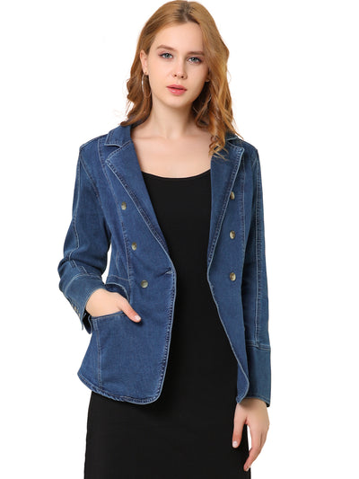 Notched Lapel Long Sleeve Pockets Denim Blazer Jean Jacket