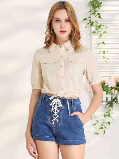 Button Up Short Sleeve Tops Drawstring Summer Cotton Crop Shirt