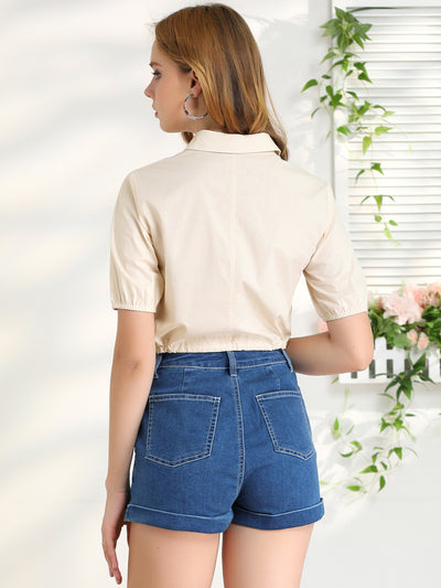 Button Up Short Sleeve Tops Drawstring Summer Cotton Crop Shirt