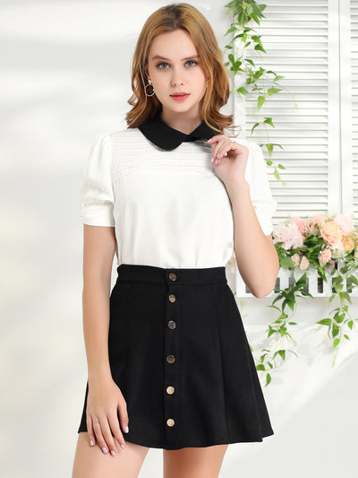 Pleated Contrast Peter Pan Collar Puff Short Sleeve Blouse